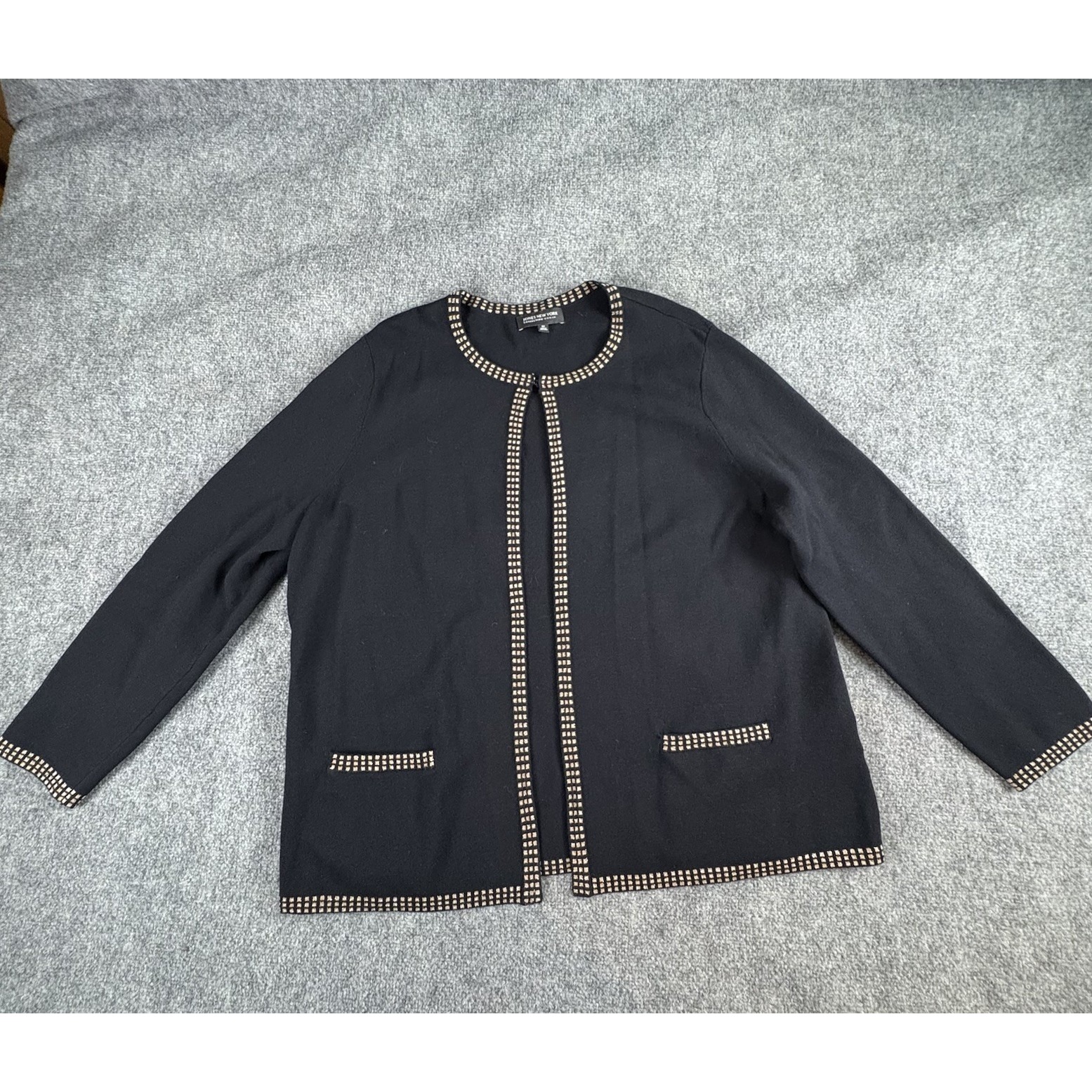 Vtg Y2k Jones New York Cardigan Women 2x Black Trimmed Open Front Classic Office